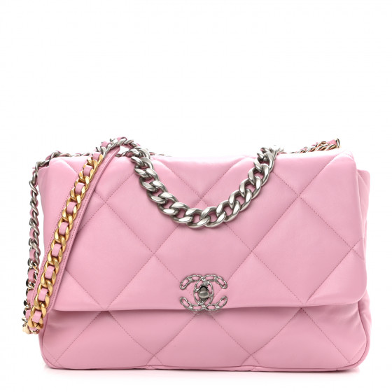 CHANEL Lambskin Quilted Maxi Chanel 19 Flap Dark Pink