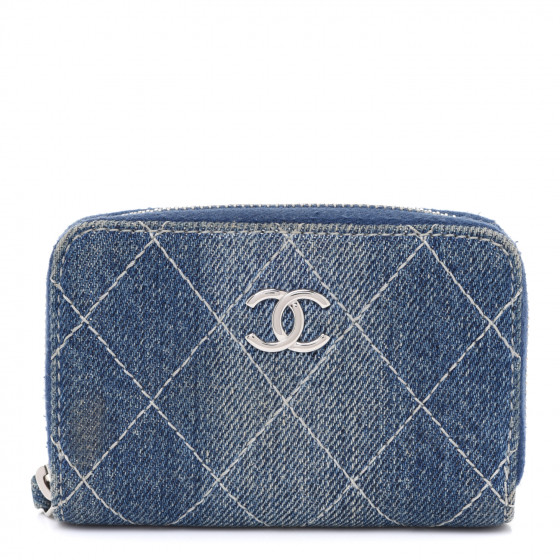CHANEL Denim Quilted Zip Coin Purse Blue