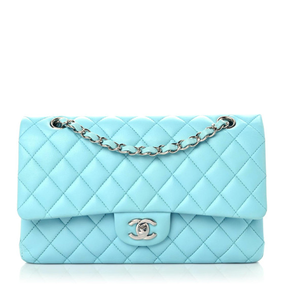CHANEL Lambskin Quilted Medium Double Flap Neon Blue