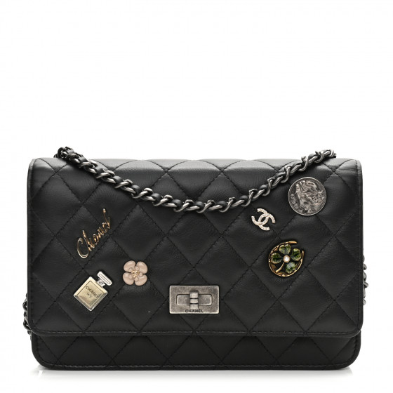 CHANEL Aged Calfskin Quilted Lucky Charms 2.55 Reissue Wallet On Chain WOC Black