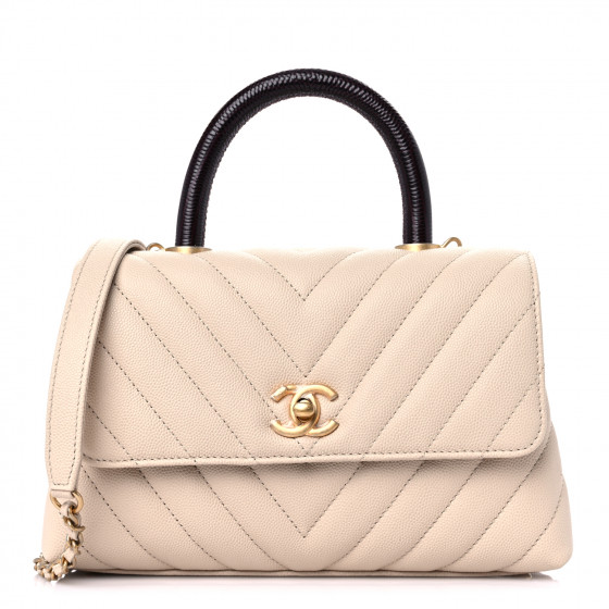 CHANEL Caviar Lizard Chevron Quilted Mini Coco Handle Flap Ivory