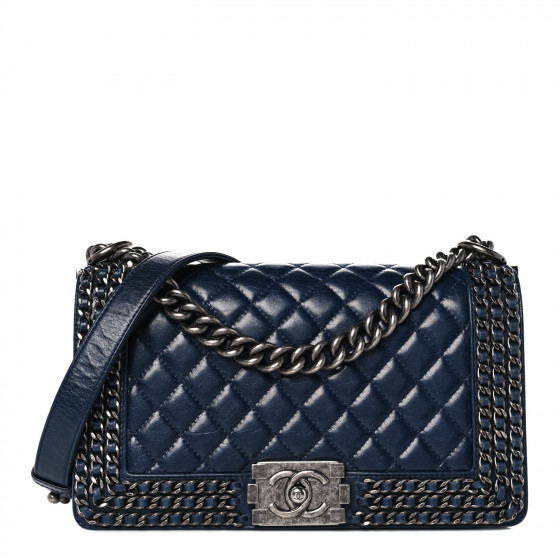 CHANEL Glazed Calfskin Quilted Medium Boy Chained Flap Blue