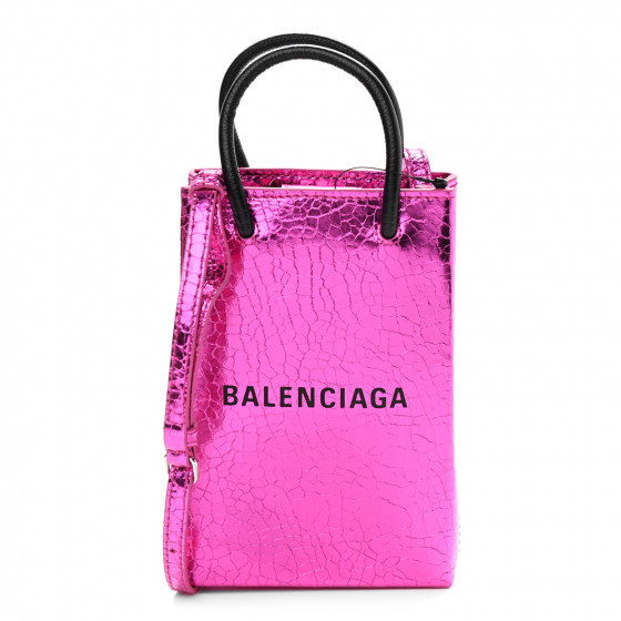 BALENCIAGA Metallic Calfskin Logo Shopping Phone Holder Bag Acid Fuchsia