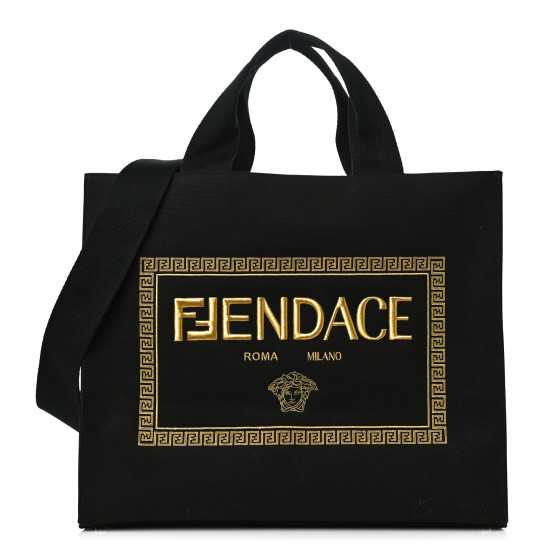 FENDI X VERSACE Canvas Fendace Logo Large Shopping Tote Black