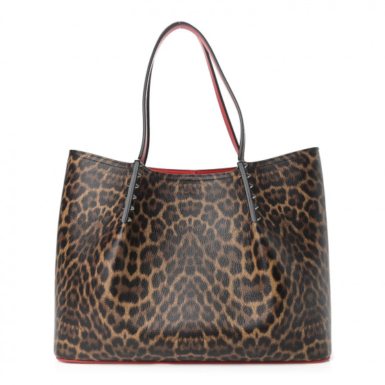 CHRISTIAN LOUBOUTIN Calfskin Empire Leopard Print Spiked Large Cabarock Shopper Tote Brown
