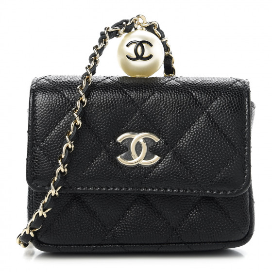 CHANEL Caviar Quilted Mini Pearl On Top Coin Purse With Chain Black