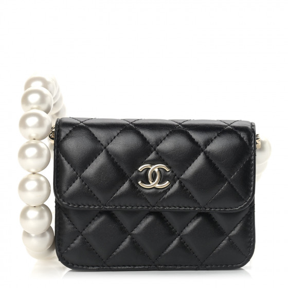 CHANEL Calfskin Quilted Pearl Card Holder Flap With Chain Black