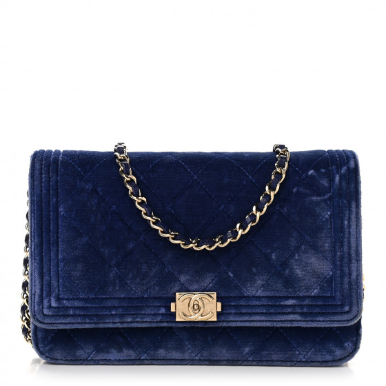 CHANEL Velvet Quilted Boy Wallet On Chain WOC Blue