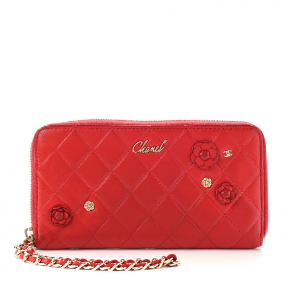 CHANEL Lambskin Quilted Camellia Zip Around Wristlet Wallet Red