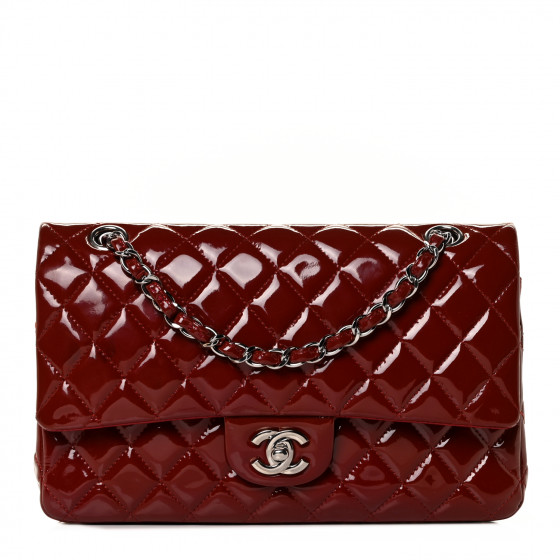 CHANEL Patent Calfskin Quilted Medium Double Flap Dark Red