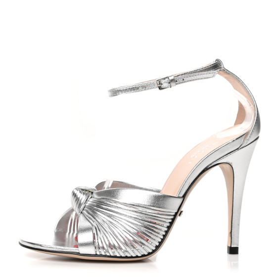 GUCCI Metallic Nappa Crawford Knot Ankle Strap Sandals 35.5 Silver
