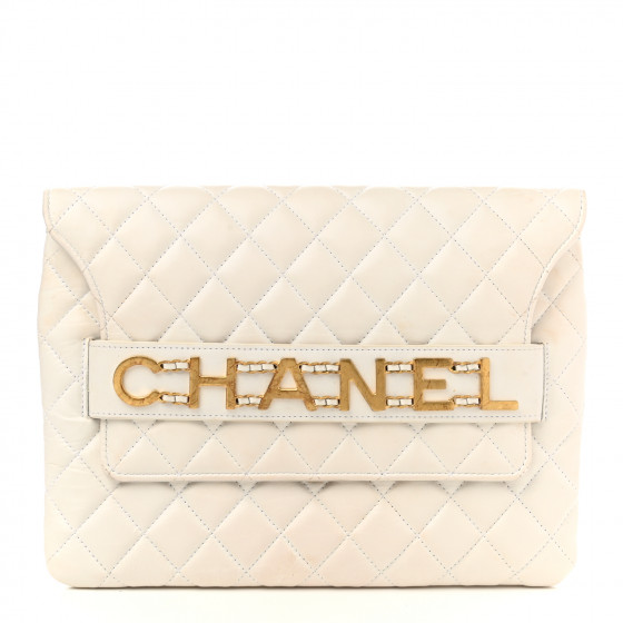 CHANEL Calfskin Quilted Logo Flap Case White