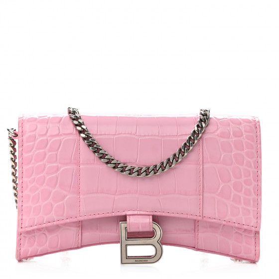 BALENCIAGA Shiny Calfskin Crocodile Embossed Hourglass Chain Bag Candy Pink