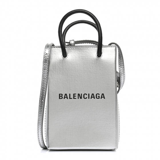BALENCIAGA Metallic Textured Calfskin Logo Shopping Phone Holder Bag Silver