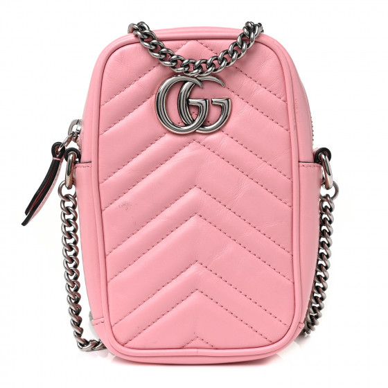 GUCCI Calfskin Matelasse Mini GG Marmont Crossbody Bag Pastel Pink