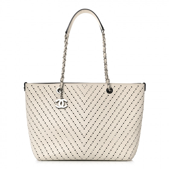 CHANEL Perforated Grained Calfskin Small Shopping Tote White