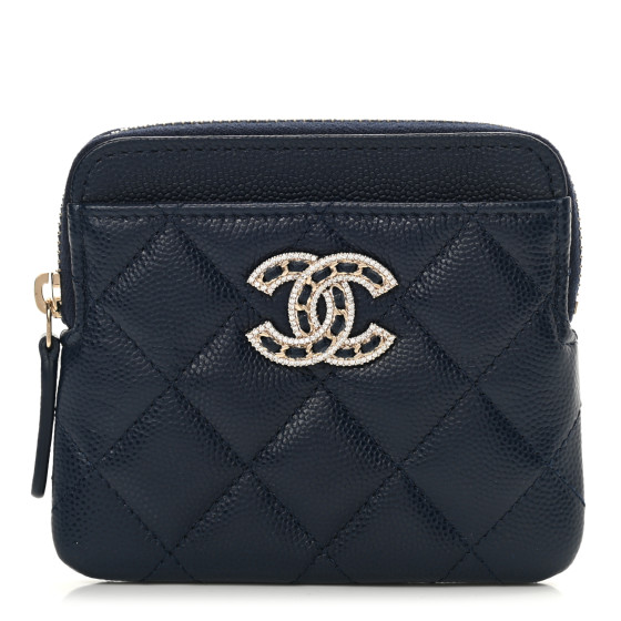 CHANEL Caviar Quilted Crystal Zip Card Holder Wallet Navy