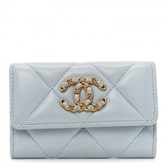 CHANEL Lambskin Quilted Chanel 19 Flap Card Holder Light Blue