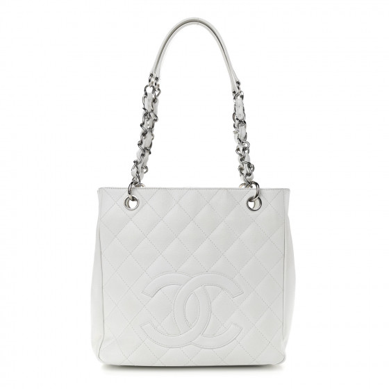 CHANEL Caviar Quilted Petit Shopping Tote PST White