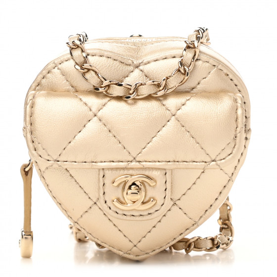 CHANEL Metallic Lambskin Quilted CC In Love Heart Coin Purse With Chain Gold