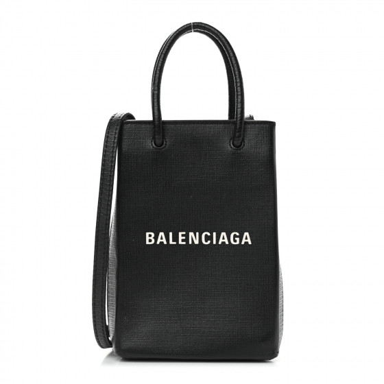 BALENCIAGA Textured Calfskin Lambskin Logo Shopping Phone Holder Bag Black