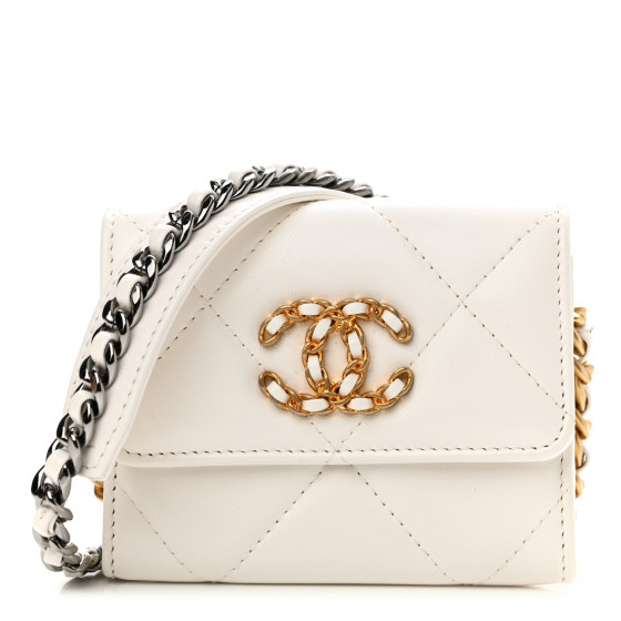 CHANEL Lambskin Quilted Chanel 19 Flap Coin Purse With Chain White