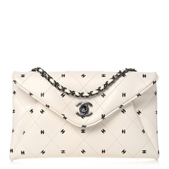 CHANEL Printed Lambskin Logo CC Envelope Clutch With Chain White