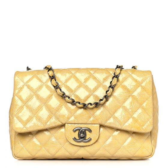 CHANEL Crinkled Patent Quilted Jumbo Single Flap Light Beige