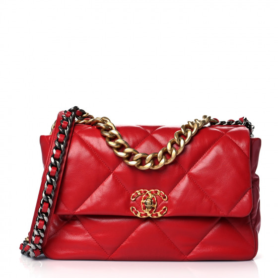 CHANEL Goatskin Quilted Large Chanel 19 Flap Red