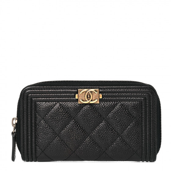 CHANEL Caviar Quilted Small Boy Zip Around Wallet Black