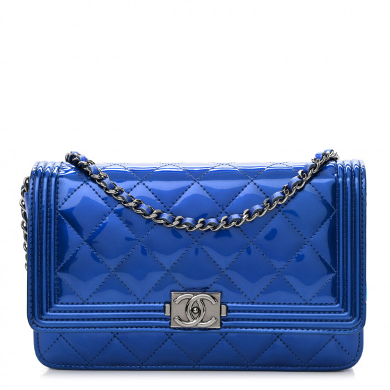 CHANEL Metallic Patent Calfskin Quilted Boy Wallet On Chain WOC Blue