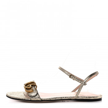 GUCCI Metallic Laminate Calfskin GG Marmont Ankle Wrap Flat Sandals 37.5 Gold