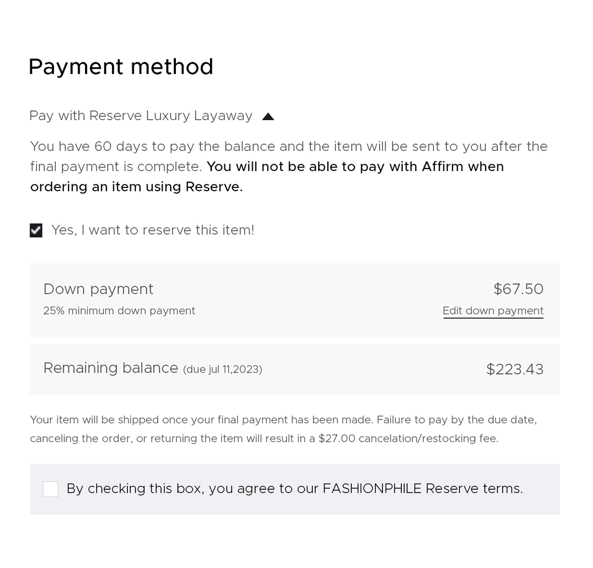 Example of using Fashionphile Reserve for your Order